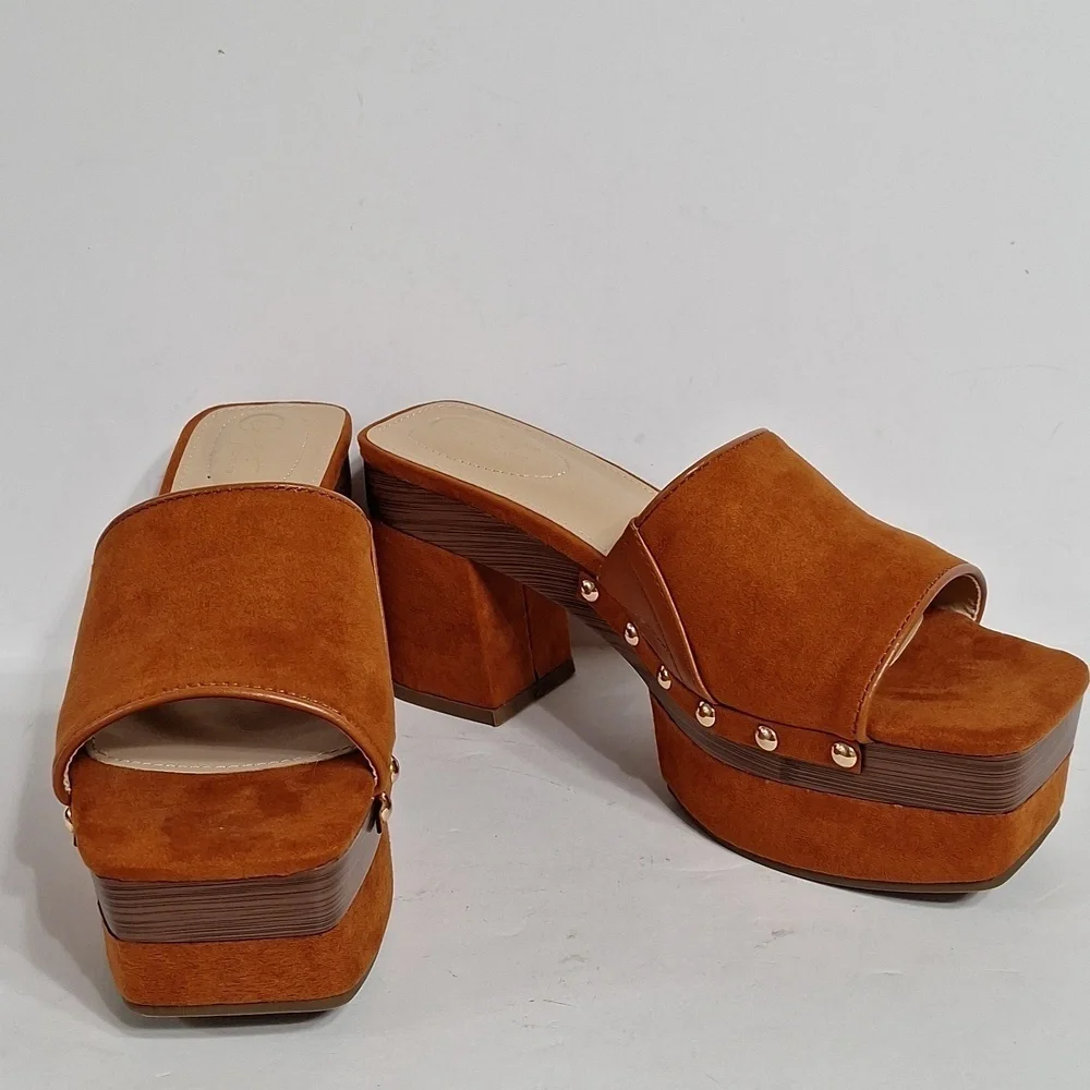 Comfort Est.1946 NEW Faux Suede Bohemian 70's Platform Studded Slip On Heels 8.5
